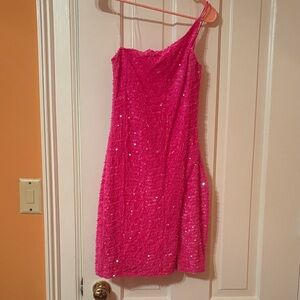 One Shoulder Pink Sequin Dress